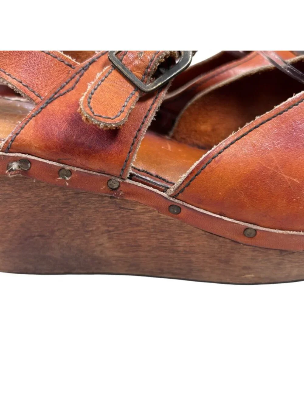 1970s Larks Brazil 9 Brown Leather Wedge Platform Clog Sandal Vtg